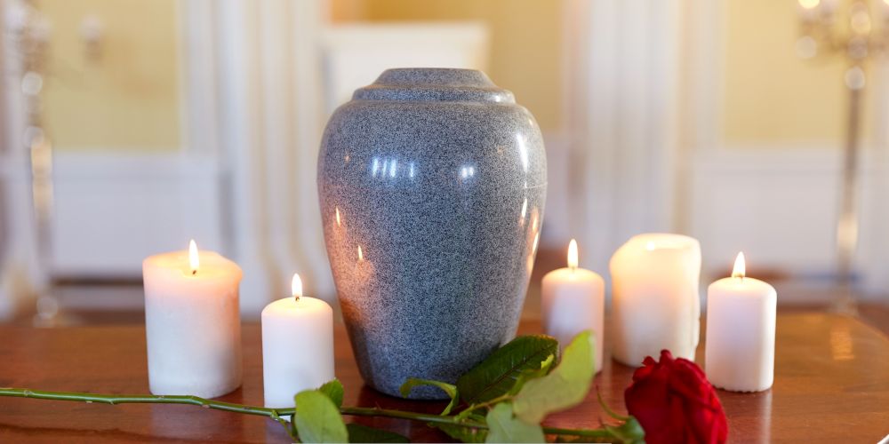 Gray cremation urn surrounded by lit candles and a red rose during a memorial service for Cremations in Milwaukee, WI.