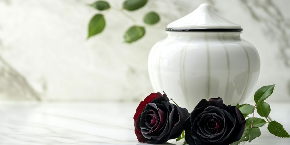 White marble cremation urn with black and red roses, symbolizing dignified Cremations in Milwaukee, WI.