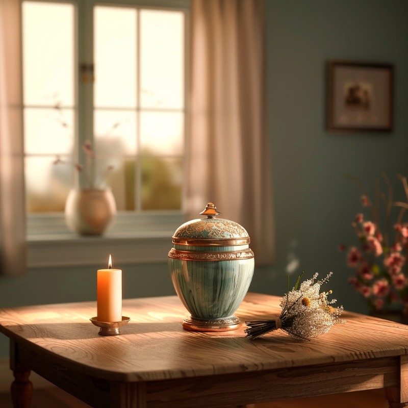 Urn and candle on wooden table representing Richboro, PA cremation services in a peaceful memorial setting