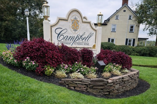 Campbell Thomas Funeral Home sign and landscaped entrance for Richboro, PA funeral home and cremations