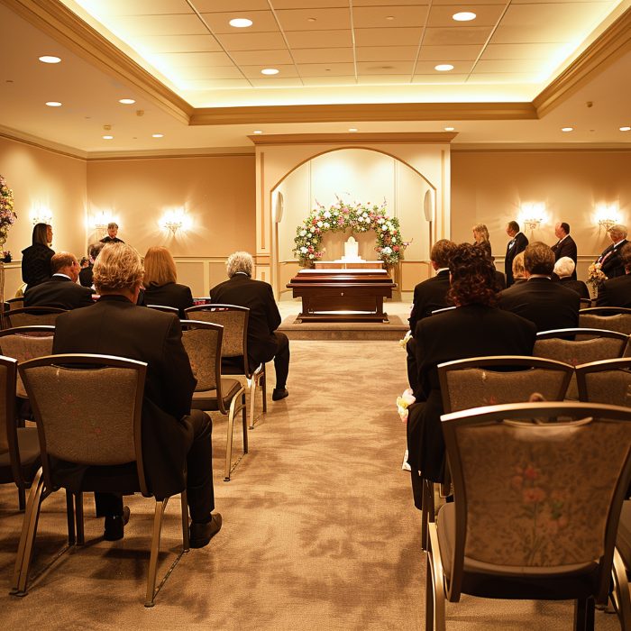 Funeral service ceremony inside chapel for Richboro, PA funeral home and cremations with casket and floral tribute
