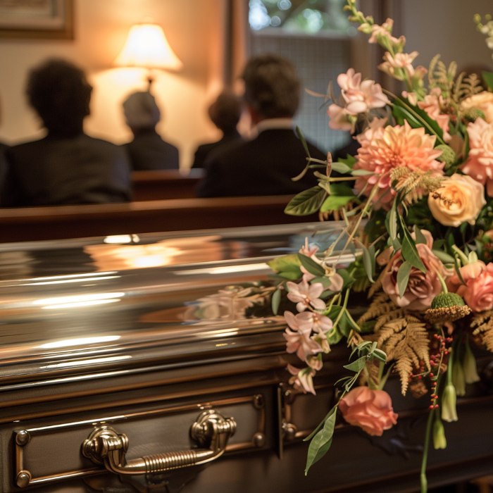 Casket with floral arrangement during ceremony representing Southampton, PA burial services in a chapel setting