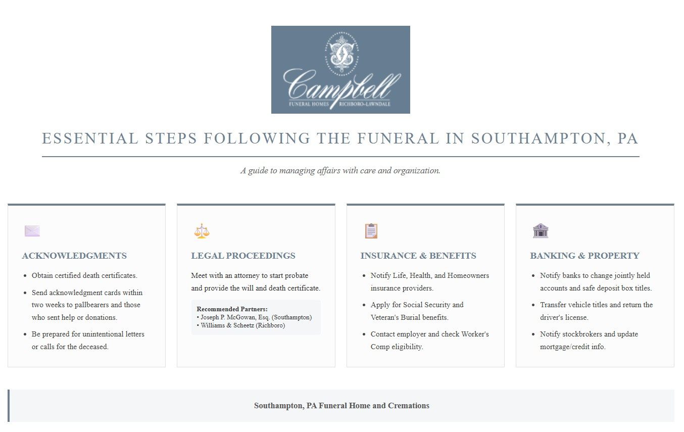 Essential steps after a service infographic for Southampton, PA funeral home and cremations with legal and benefits guidance