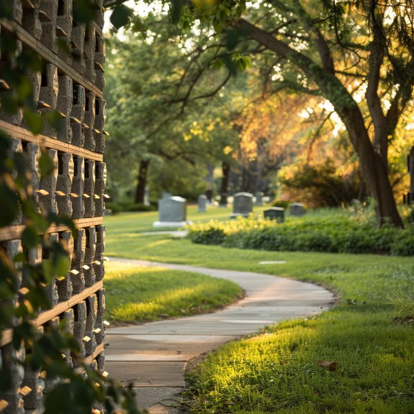 Columbarium wall and winding cemetery path near Warminster, PA funeral home and cremations in a peaceful memorial garden