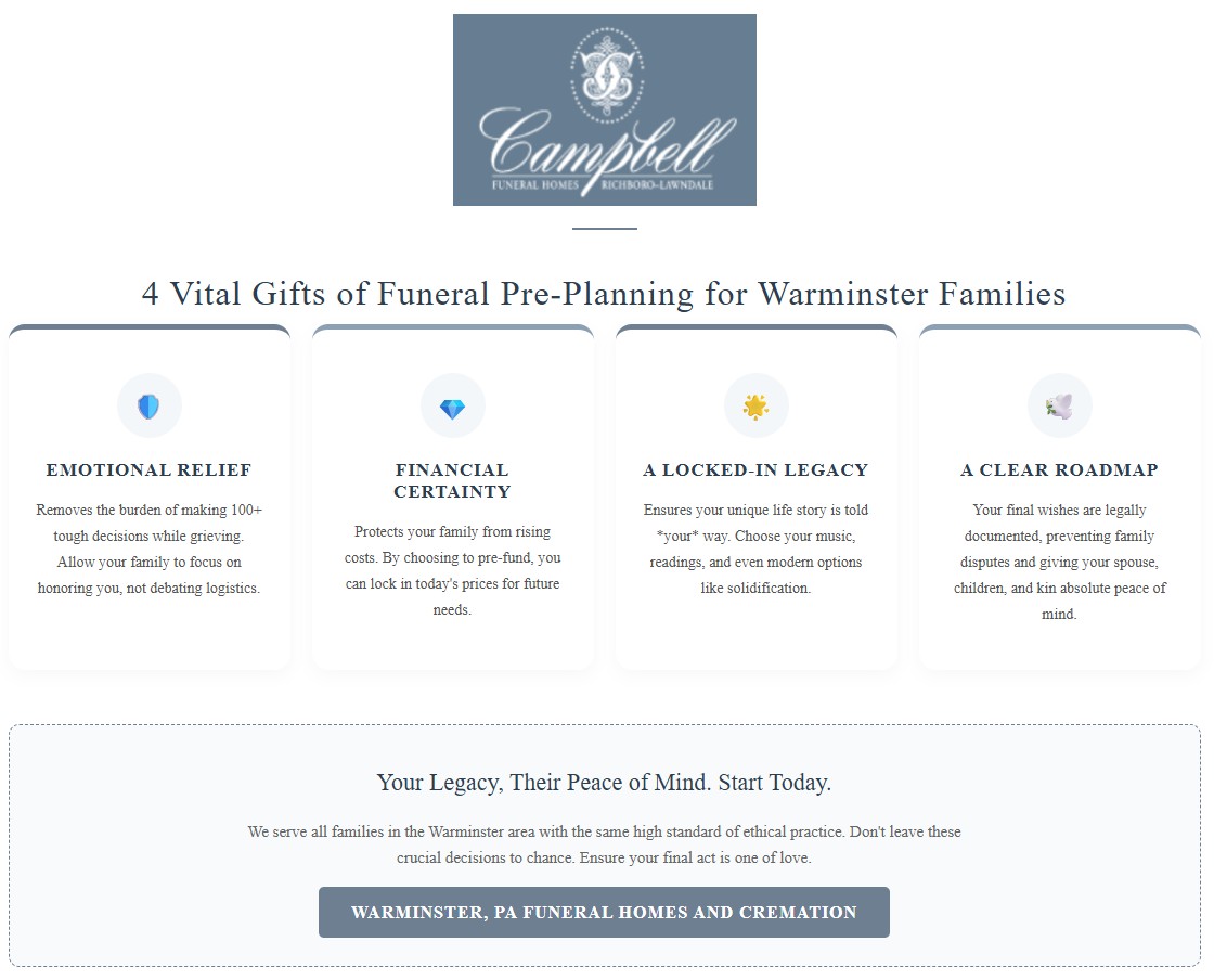 Infographic on funeral pre-planning benefits for families served by Warminster, PA funeral home and cremations