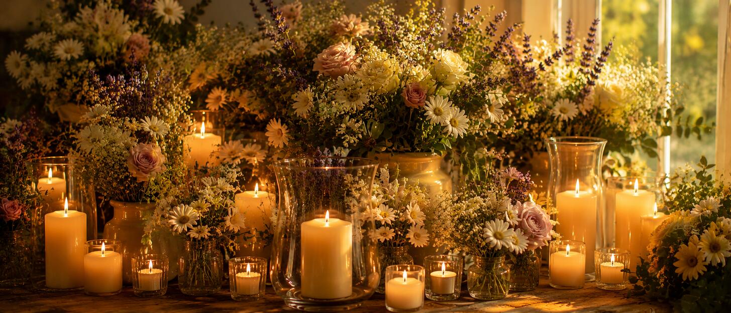 Elegant floral memorial display with candles creating a warm tribute for a Philadelphia funeral service