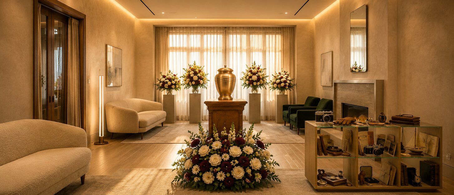 Elegant funeral chapel with urn display, floral tributes, and remembrance keepsakes in Philadelphia, PA