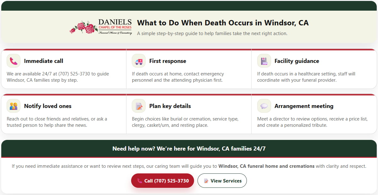 Infographic highlighting an informational guide to Windsor, CA funeral home and cremations when death occurs