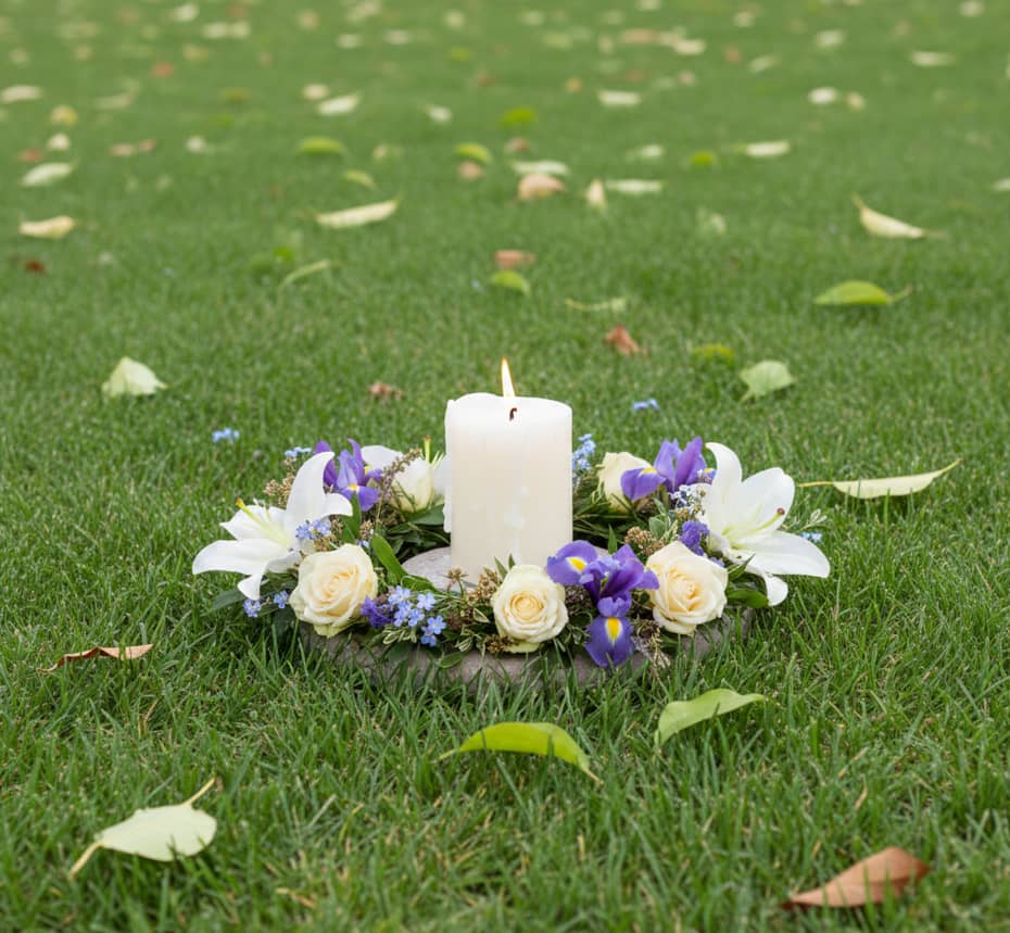 Memorial candle with floral wreath on grass for Santa Rosa, CA funeral home and cremations