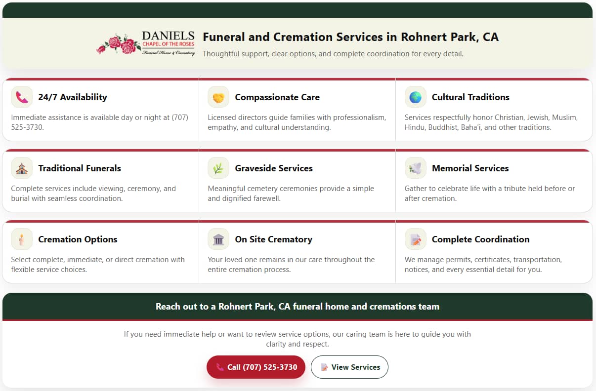 Infographic highlighting compassionate care at Rohnert Park, CA funeral home and cremations
