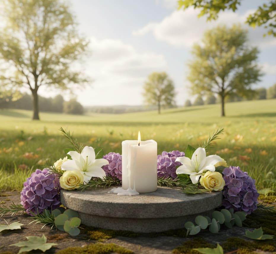 Peaceful candle and floral tribute scene at Windsor, CA funeral home and cremations