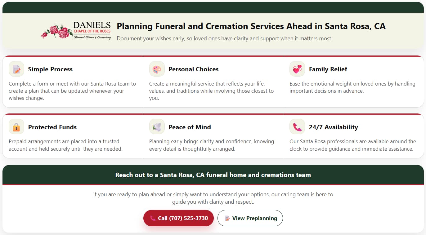 Infographic explaining the benefits of Santa Rosa, CA funeral home and cremations planning ahead