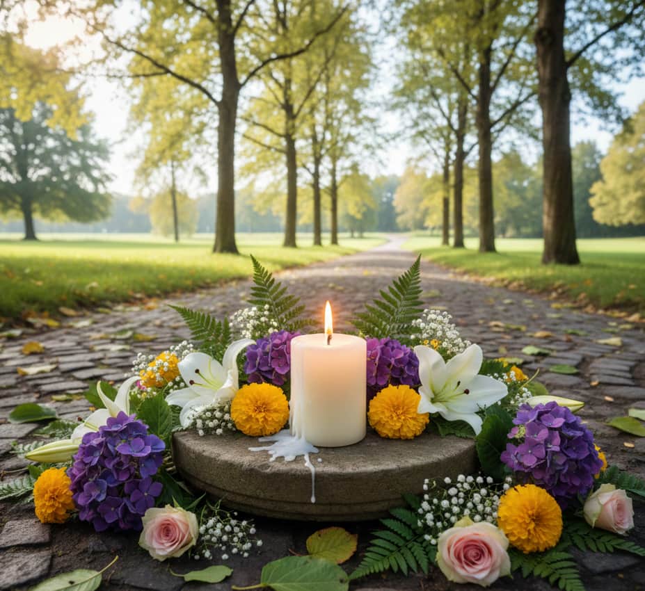 Serene outdoor candle and floral tribute for Rohnert Park, CA funeral home and cremations