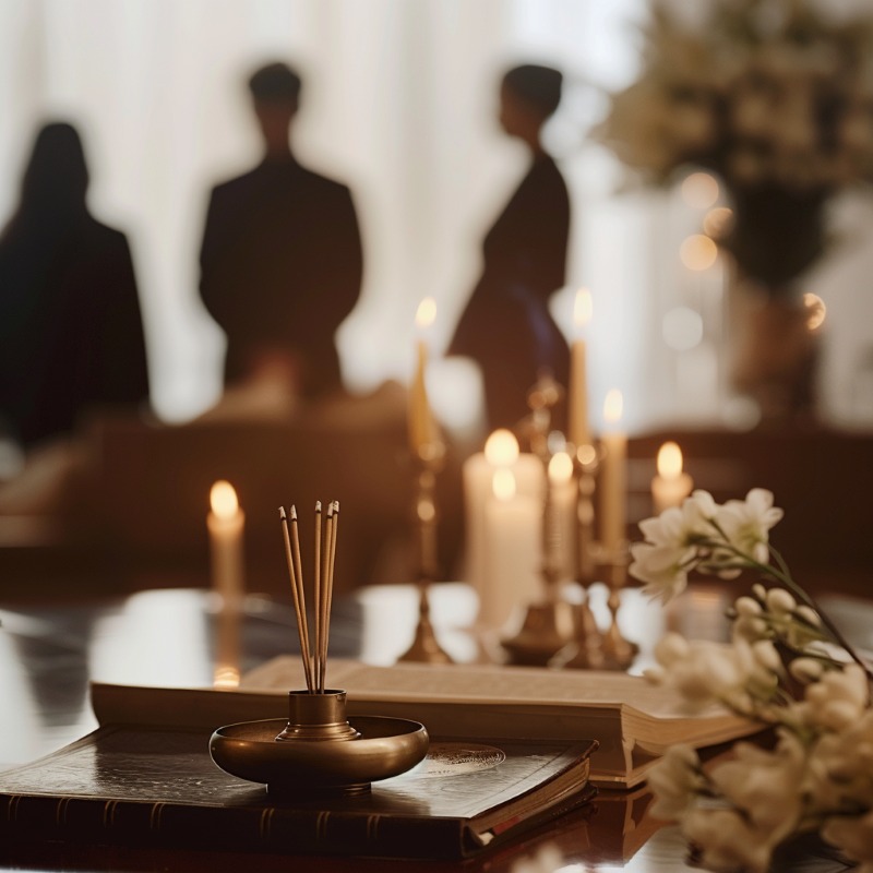 Incense altar with candles and flowers during Island Park, NY Chinese Funeral Mortuary memorial ceremony