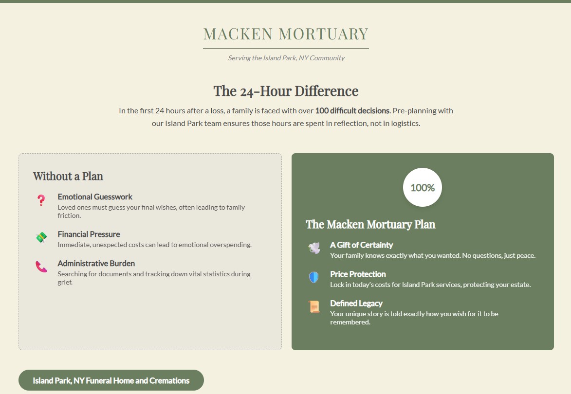 Infographic explaining pre-planning benefits for Island Park, NY Funeral Home and Cremations families