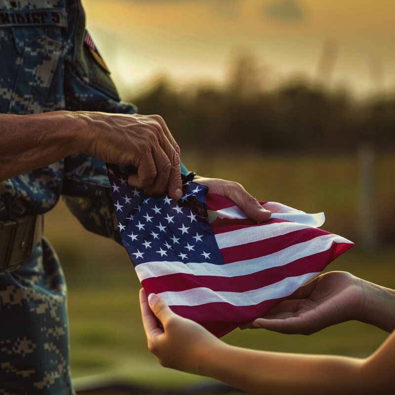 Service member presenting folded American flag during Island Park, NY Veterans Service memorial tribute