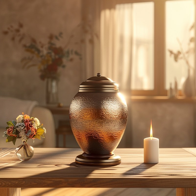 Bronze cremation urn with candle at Oceanside, NY funeral home and cremations memorial setting