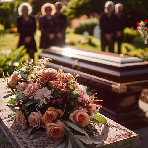 Graveside service with flowers and casket at Oceanside, NY funeral home and cremations memorial ceremony