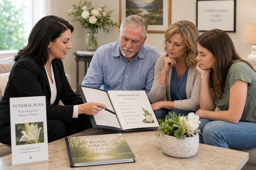Licensed funeral director consulting with a grieving family in a warm, welcoming setting