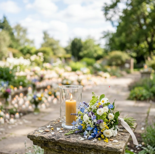 Memorial bouquet and candle in a peaceful garden setting, funeral home and cremations Blue Ash, OH