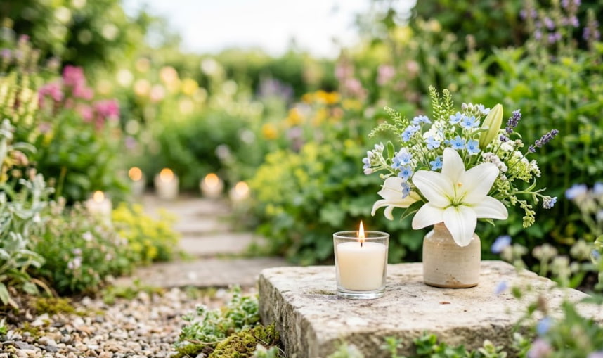 Outdoor memorial garden with fresh flowers and candle display, funeral home and cremations Blue Ash, OH